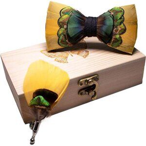 Elegant Feather Bow Tie with Yellow and Green Details